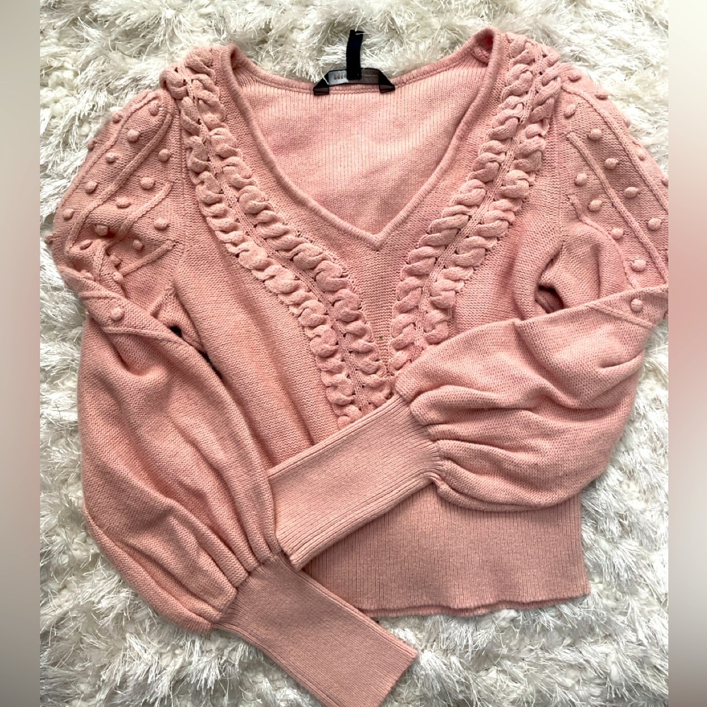 Bcbg maxazria Pom Pom ballon sleeve sweater pink S